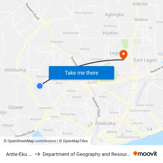 Antie-Eku Pallas Town to Department of Geography and Resource Development, University of Ghana map