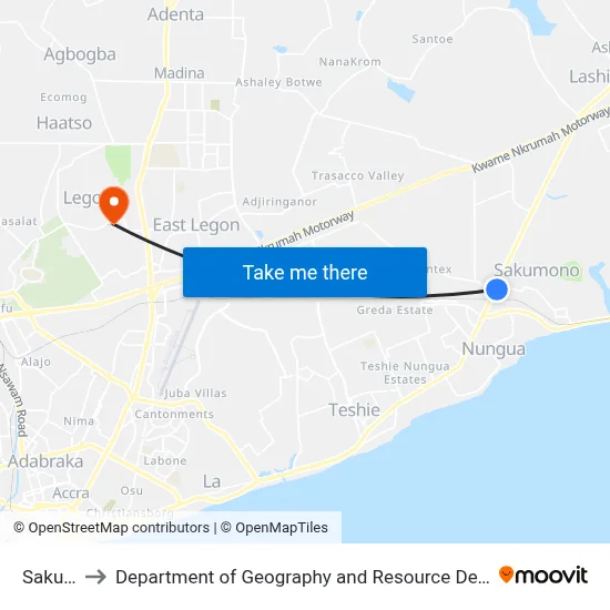 Sakumono to Department of Geography and Resource Development, University of Ghana map