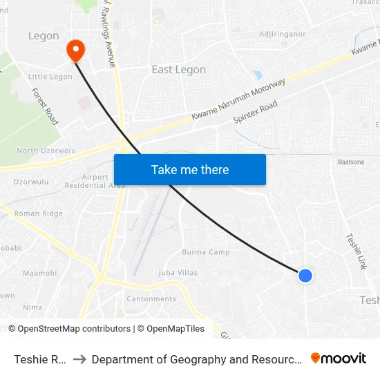 Teshie Rasta Road to Department of Geography and Resource Development, University of Ghana map