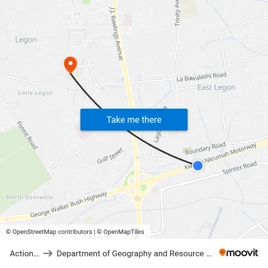 Action Chapel to Department of Geography and Resource Development, University of Ghana map