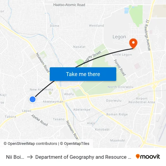 Nii Boi Station to Department of Geography and Resource Development, University of Ghana map