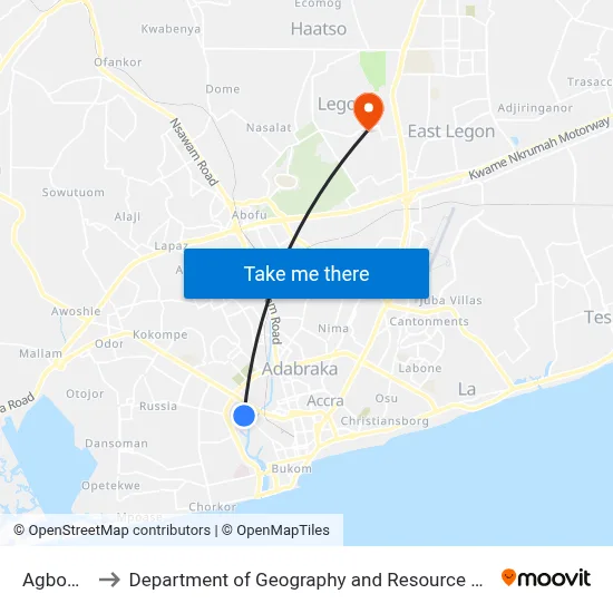 Agbogbloshie to Department of Geography and Resource Development, University of Ghana map