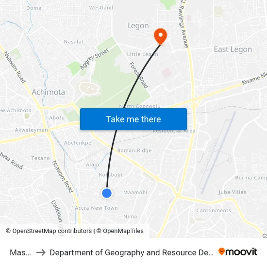 Masalachi to Department of Geography and Resource Development, University of Ghana map