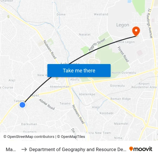 Mampong to Department of Geography and Resource Development, University of Ghana map