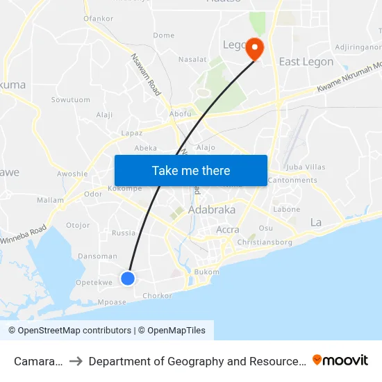 Camara Junction to Department of Geography and Resource Development, University of Ghana map