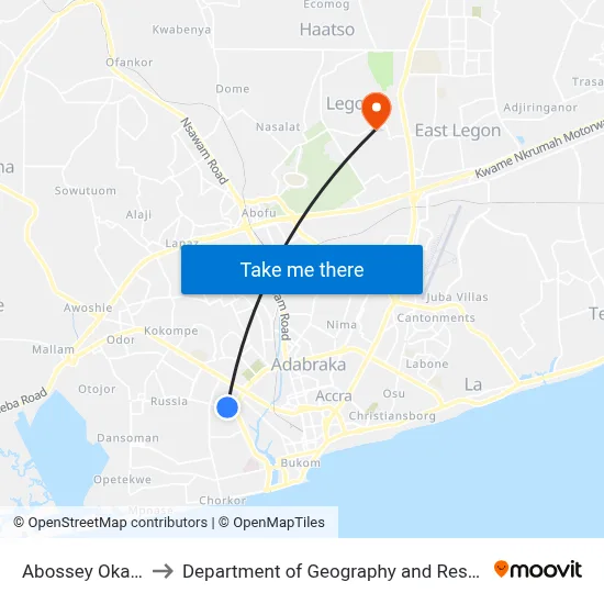 Abossey Okai Zongo Junction to Department of Geography and Resource Development, University of Ghana map