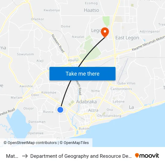 Mataheko to Department of Geography and Resource Development, University of Ghana map