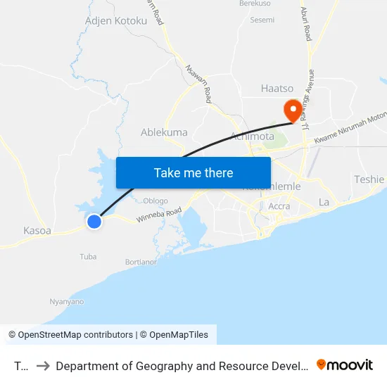 Tuba to Department of Geography and Resource Development, University of Ghana map
