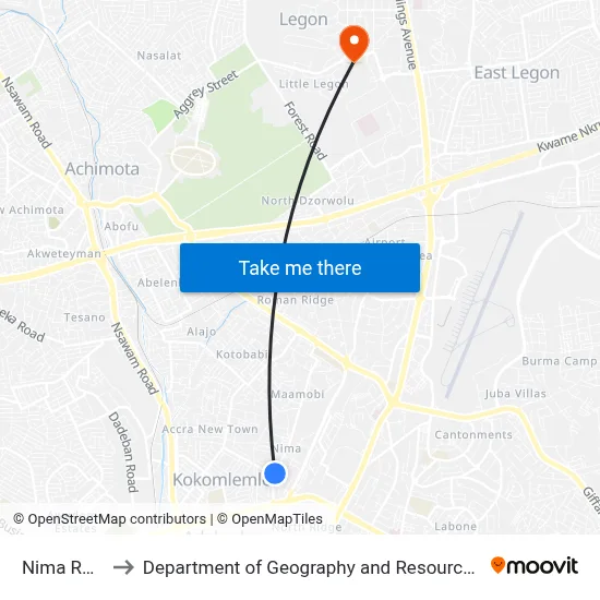Nima Roundabout to Department of Geography and Resource Development, University of Ghana map