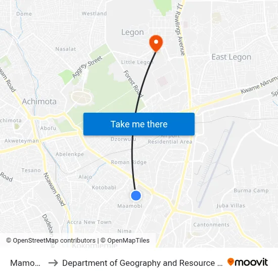 Mamobi Market to Department of Geography and Resource Development, University of Ghana map