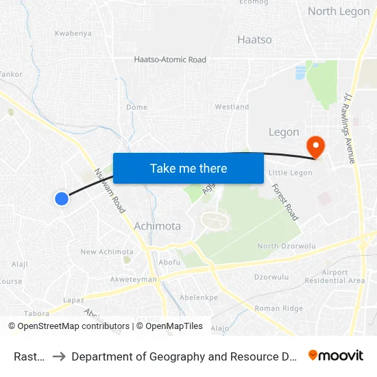 Rasta Park to Department of Geography and Resource Development, University of Ghana map