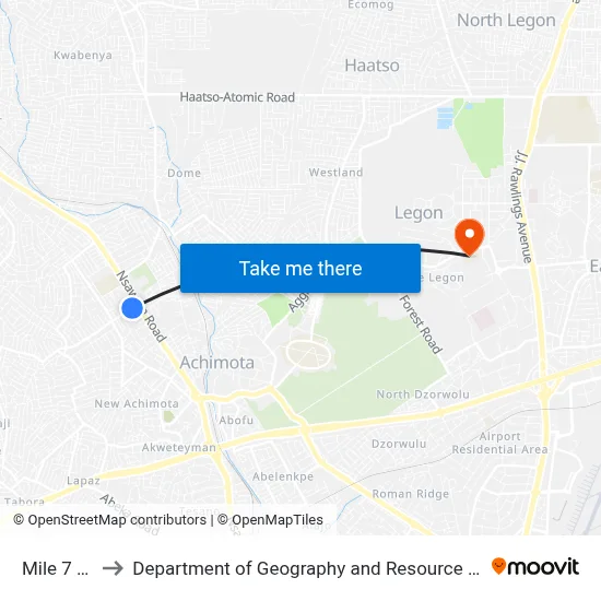 Mile 7 Junction to Department of Geography and Resource Development, University of Ghana map