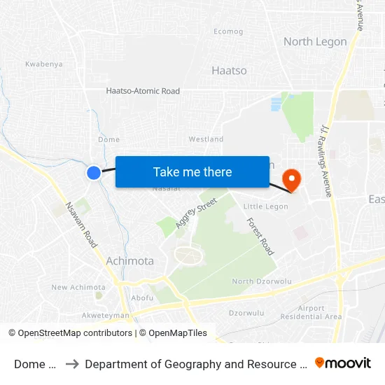 Dome Crossing to Department of Geography and Resource Development, University of Ghana map
