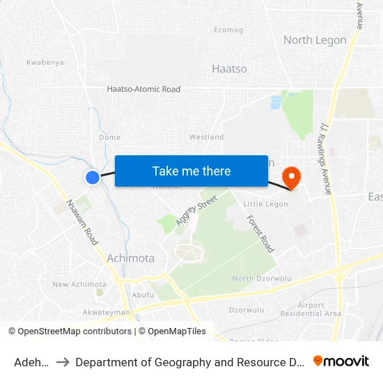 Adehyeman to Department of Geography and Resource Development, University of Ghana map