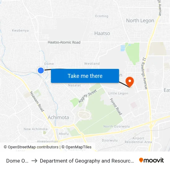 Dome Old Station to Department of Geography and Resource Development, University of Ghana map