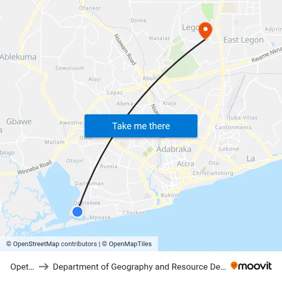 Opetekwei to Department of Geography and Resource Development, University of Ghana map