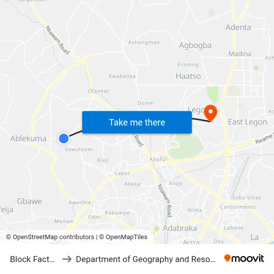 Block Factory Sowutuom to Department of Geography and Resource Development, University of Ghana map