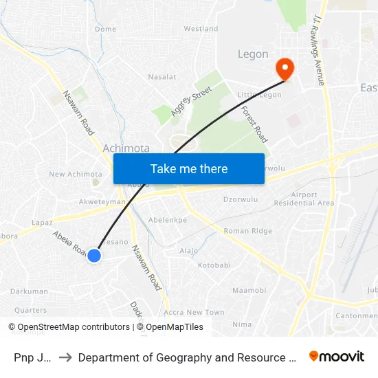 Pnp Junction to Department of Geography and Resource Development, University of Ghana map