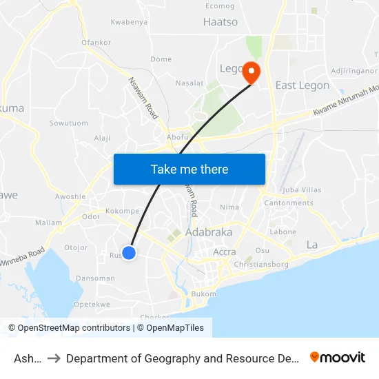 Ashtown to Department of Geography and Resource Development, University of Ghana map