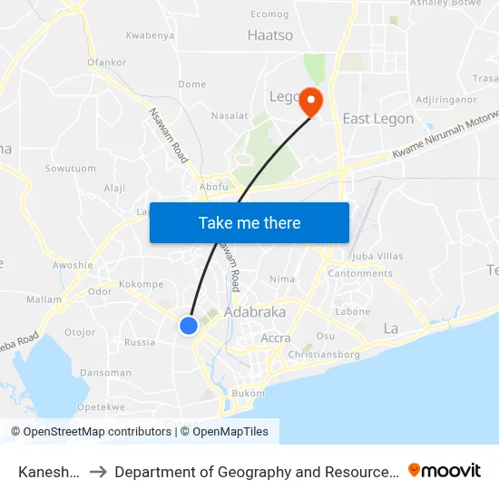 Kaneshie Market to Department of Geography and Resource Development, University of Ghana map