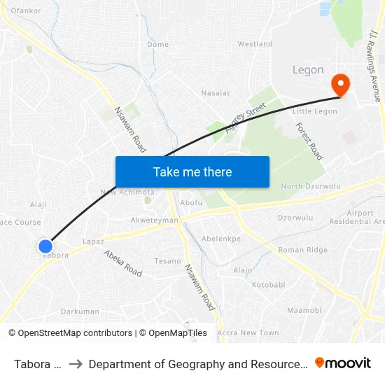 Tabora Number2 to Department of Geography and Resource Development, University of Ghana map