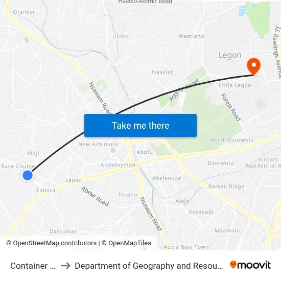 Container Race Course to Department of Geography and Resource Development, University of Ghana map