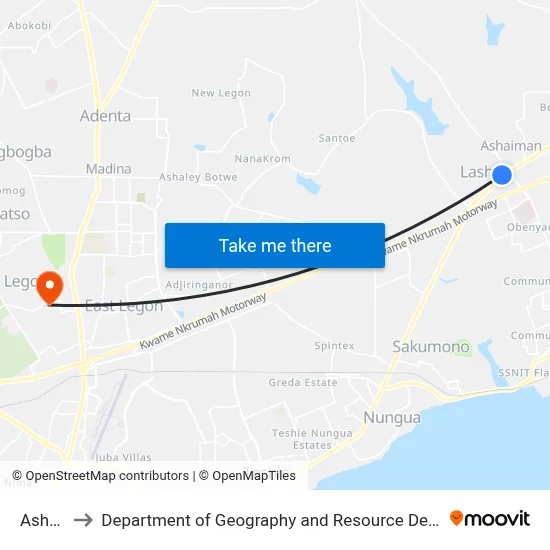 Ashaiman to Department of Geography and Resource Development, University of Ghana map