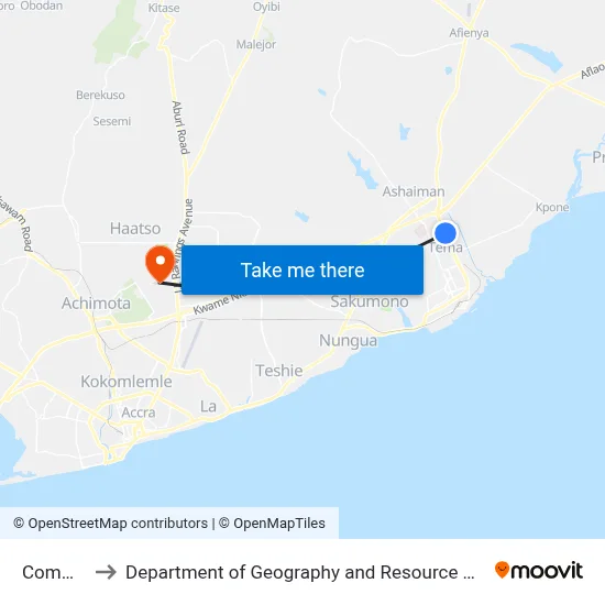 Community 8 to Department of Geography and Resource Development, University of Ghana map