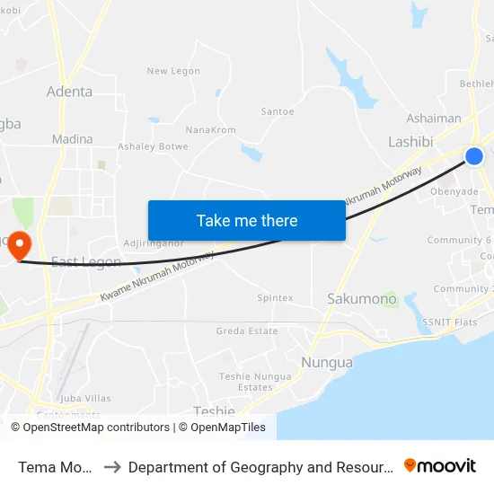 Tema Motorway Total to Department of Geography and Resource Development, University of Ghana map