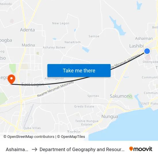 Ashaiman Overhead to Department of Geography and Resource Development, University of Ghana map