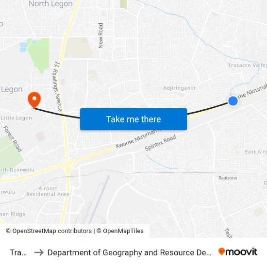 Trasacco to Department of Geography and Resource Development, University of Ghana map