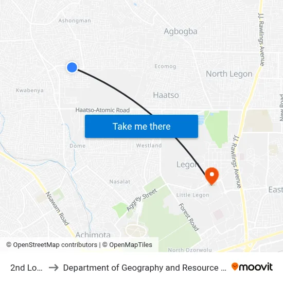 2nd Lotto Kiosk to Department of Geography and Resource Development, University of Ghana map