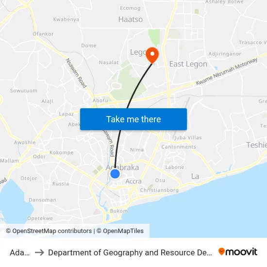 Adabraka to Department of Geography and Resource Development, University of Ghana map