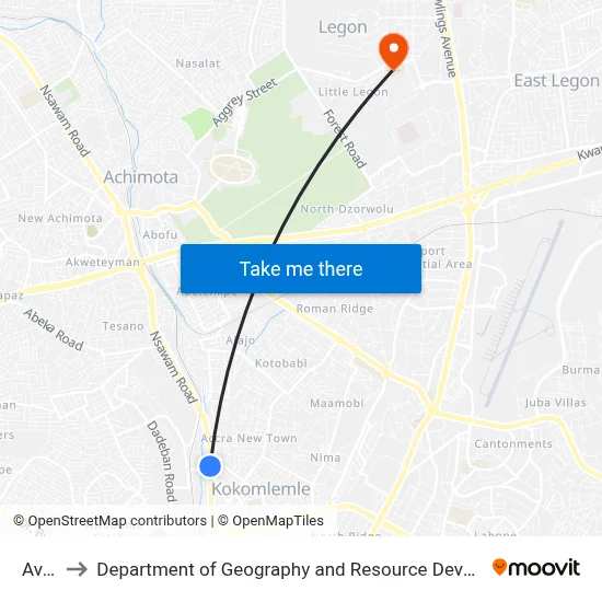 Avenor to Department of Geography and Resource Development, University of Ghana map