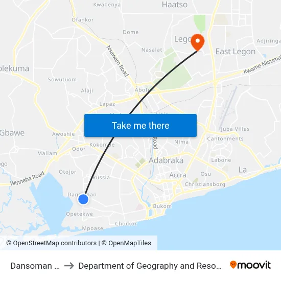 Dansoman Police Station to Department of Geography and Resource Development, University of Ghana map