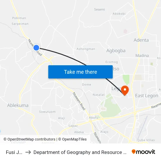Fusi Junction to Department of Geography and Resource Development, University of Ghana map