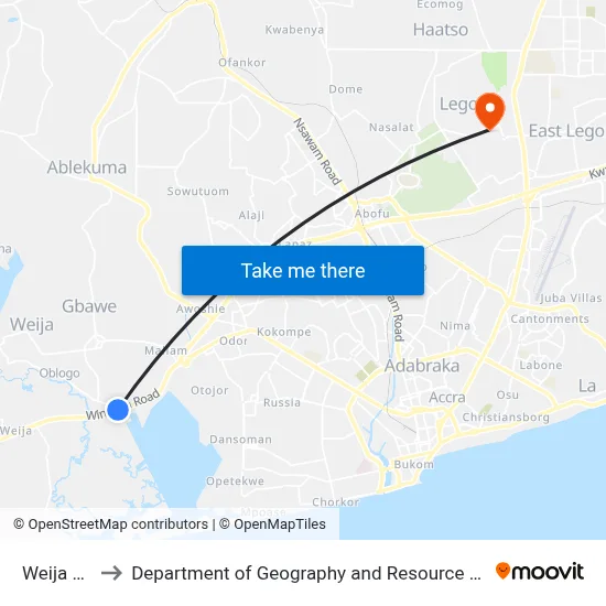 Weija Junction to Department of Geography and Resource Development, University of Ghana map