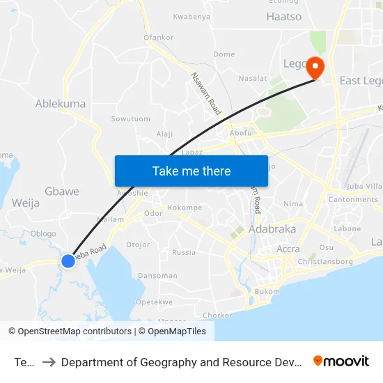 Tetegu to Department of Geography and Resource Development, University of Ghana map