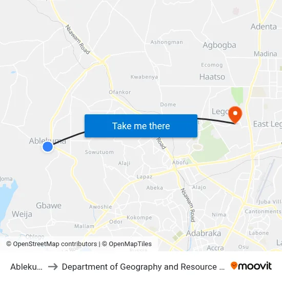 Ablekuma Park to Department of Geography and Resource Development, University of Ghana map