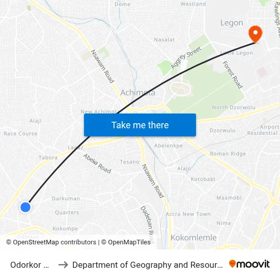 Odorkor Official Town to Department of Geography and Resource Development, University of Ghana map