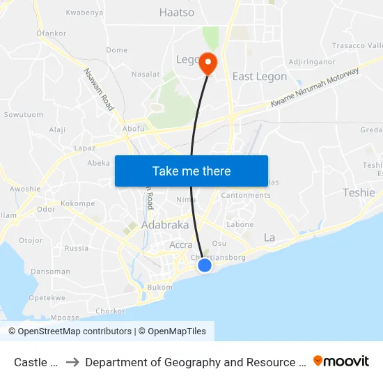 Castle Junction to Department of Geography and Resource Development, University of Ghana map