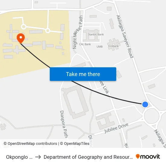 Okponglo Roundabout to Department of Geography and Resource Development, University of Ghana map