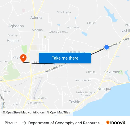 Biscuit Factory to Department of Geography and Resource Development, University of Ghana map