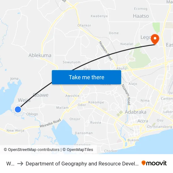 Weija to Department of Geography and Resource Development, University of Ghana map