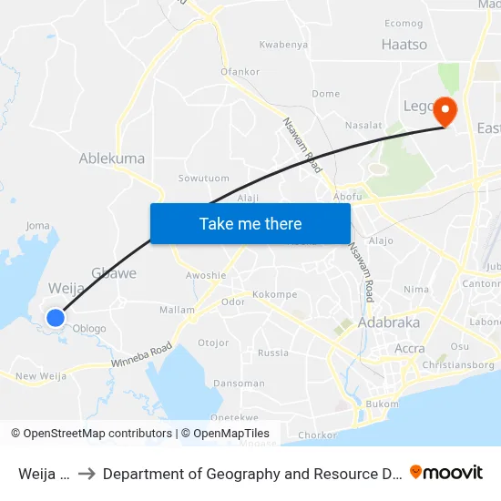 Weija Market to Department of Geography and Resource Development, University of Ghana map