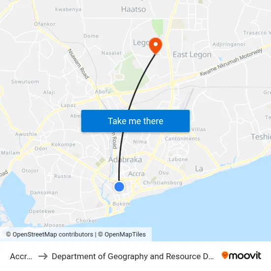 Accra Cmb to Department of Geography and Resource Development, University of Ghana map