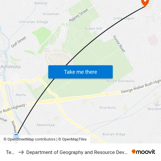 Tesano to Department of Geography and Resource Development, University of Ghana map