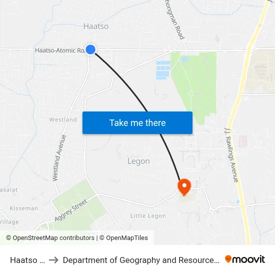 Haatso Junction to Department of Geography and Resource Development, University of Ghana map