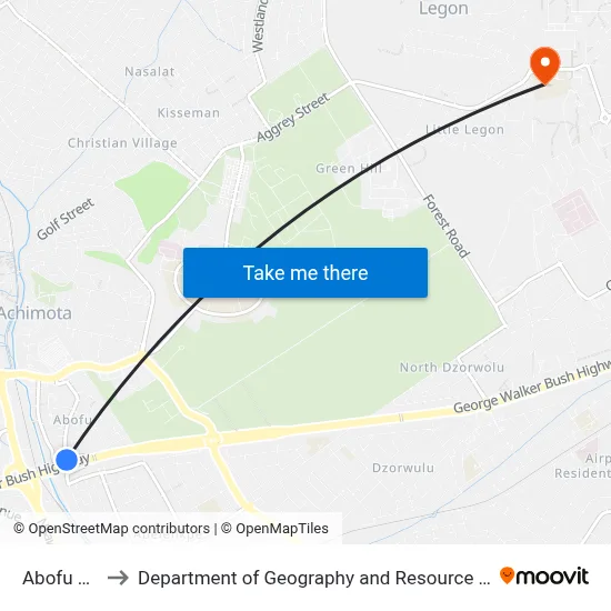 Abofu Overhead to Department of Geography and Resource Development, University of Ghana map