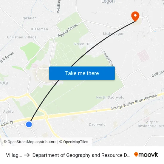 Village Gym to Department of Geography and Resource Development, University of Ghana map